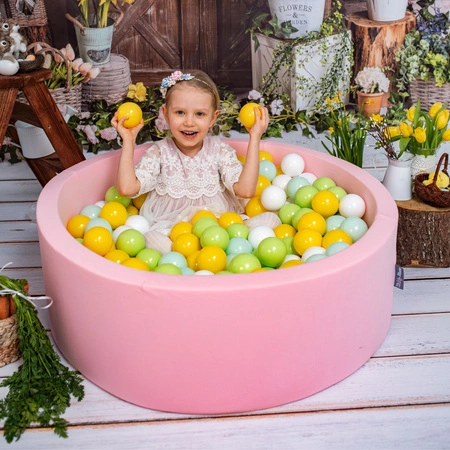 KiddyMoon Suchy basen okrągły z piłeczkami 7cm Zabawka basen piankowy, różowy: biały-mięta-jasny zielony-żółty