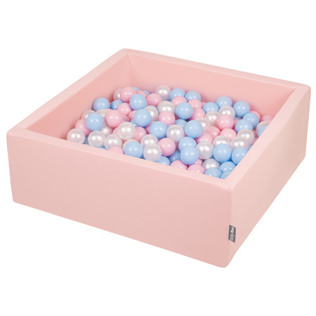 KiddyMoon Suchy basen kwadratowy z piłeczkami 7cm Zabawka basen piankowy, różowy: babyblue-pudrowy róż-perła