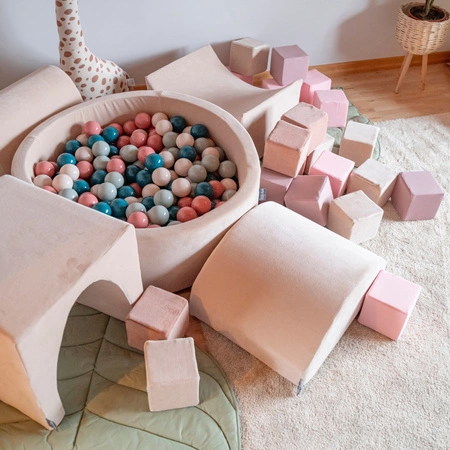 KiddyMoon Plastikowe piłeczki 7cm Zabawka zestaw kulek, ciemny turkus-pastelowy beż-zielonoszary-łososiowy