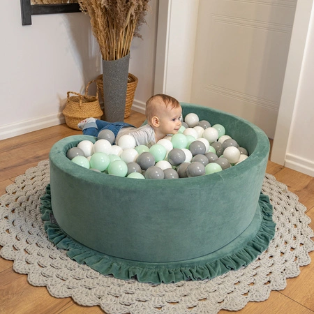 KiddyMoon Suchy basen okrągły VELVET z piłeczkami 7cm Zabawka basen piankowy, zieleń lasu: biały-szary-mięta