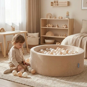 KiddyMoon Suchy basen okrągły VELVET z piłeczkami 7cm Zabawka basen piankowy, beżowy