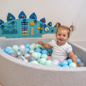 KiddyMoon Suchy basen trójkątny z piłeczkami 7cm Zabawka basen piankowy, jasnoszary: perła-szary-transparent-babyblue-mięta