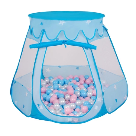 Namiot zamek NZ-100X z piłeczkami 6cm Zabawka namiot dla dzieci, niebieski: babyblue-pudrowy róż-perła