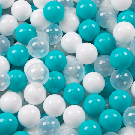 KiddyMoon Plastikowe piłeczki 7cm Zabawka zestaw kulek, turkus-transparent-biały