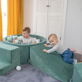 KiddyMoon Piankowy plac zabaw VELVET PPZP-OK30V-115 z piłeczkami Zabawka plac zabaw, zieleń lasu: ciemny turkus-pastelowy beż-zielonoszary-łososiowy