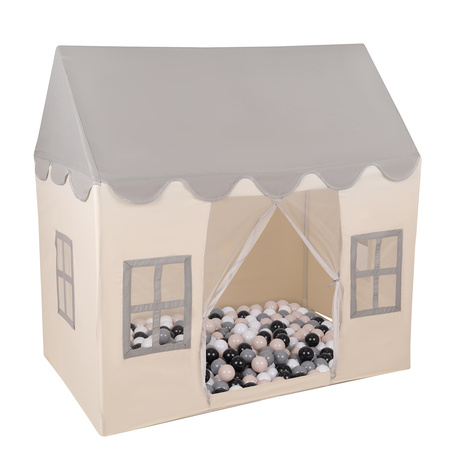 KiddyMoon Domek dla dzieci PH-002 z piłeczkami 7cm Zabawka namiot dla dzieci, white-grey: pastelowy beż-szary-biały-czarny