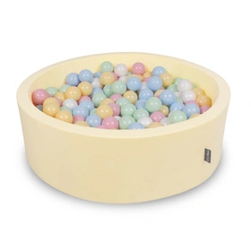 KiddyMoon Suchy basen okrągły z piłeczkami 7cm Zabawka basen piankowy, masełkowy: pastelowy niebieski-pastelowy żółty-biały-mięta-pudrowy róż