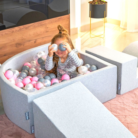 KiddyMoon Piankowy plac zabaw PPZP-TR30D-124 z piłeczkami Zabawka plac zabaw, jasnoszary: perła-szary-transparent-pudrowy róż