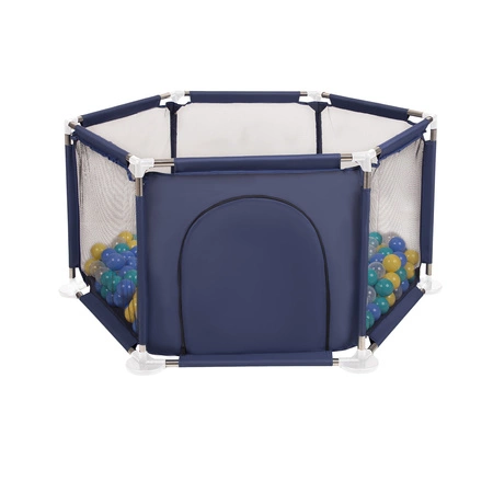 Sześciokąt składany KS-100X z piłeczkami 6cm Zabawka kojec, niebieski: turkus-niebieski-żółty-transparent