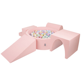 KiddyMoon Piankowy plac zabaw PPZP-OK30D-125 z piłeczkami Zabawka plac zabaw, różowy: pastelowy niebieski-pastelowy żółty-biały-mięta-pudrowy róż