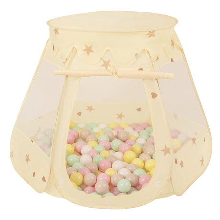 Namiot zamek NZ-100X z piłeczkami 7cm Zabawka namiot dla dzieci, jasny beż: pastelowy beż-pastelowy żółty-biały-mięta-pudrowy róż