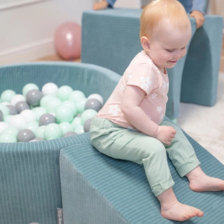 KiddyMoon Suchy basen okrągły STRIPES z piłeczkami 7 cm Zabawka basen piankowy, zielony: biały-szary-mięta