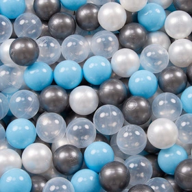 KiddyMoon Plastikowe piłeczki 7cm Zabawka zestaw kulek, transparent-srebrny-perła-babyblue