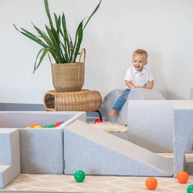 KiddyMoon Piankowy plac zabaw PPZP-KW30D-125 z piłeczkami Zabawka plac zabaw, jasnoszary: żółty-zielony-niebieski-czerwony-pomarańcz