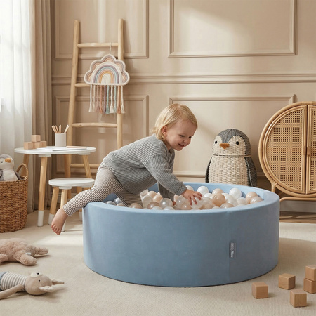 KiddyMoon Suchy basen okrągły z piłeczkami 7cm Zabawka basen piankowy, niebieski: pastelowy beż-pastelowy niebieski-pastelowy żółty-mięta