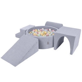 KiddyMoon Piankowy plac zabaw STRIPES PPZP-OK30VS-125 z piłeczkami Zabawka plac zabaw, ciemnoszary: pastelowy niebieski-pastelowy żółty-biały-mięta-pudrowy róż