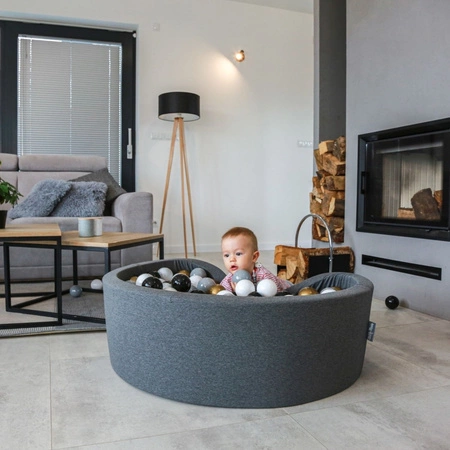 KiddyMoon Suchy basen kwadratowy z piłeczkami 7cm 120x30 Zabawka basen piankowy, ciemnoszary: biały-szary-czarny-złoty