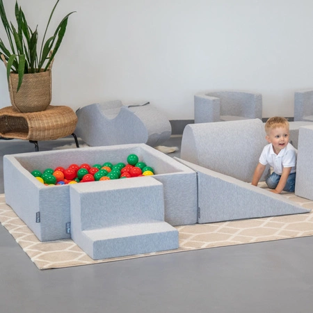 KiddyMoon Piankowy plac zabaw PPZP-KW30D-125 z piłeczkami Zabawka plac zabaw, jasnoszary: żółty-zielony-niebieski-czerwony-pomarańcz