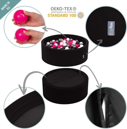 KiddyMoon Suchy basen okrągły z piłeczkami 7cm Zabawka basen piankowy, czarny: czarny-biały-pomarańcz-żółty