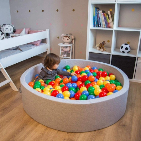 KiddyMoon Suchy basen okrągły z piłeczkami 7cm 120x30 Zabawka basen piankowy, różowy: pastelowy niebieski-pastelowy żółty-biały-mięta-pudrowy róż