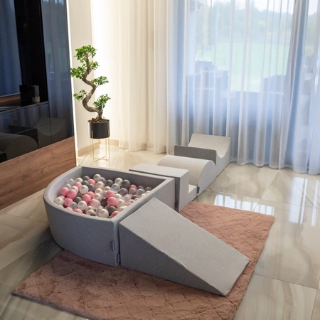 KiddyMoon Suchy basen trójkątny z piłeczkami 7cm Zabawka basen piankowy, jasnoszary: biały-szary-pudrowy róż