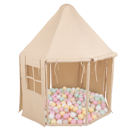KiddyMoon Namiot dla dzieci NK-002 z piłeczkami 7cm Zabawka namiot dla dzieci, natural: pastelowy beż-pastelowy żółty-biały-mięta-pudrowy róż