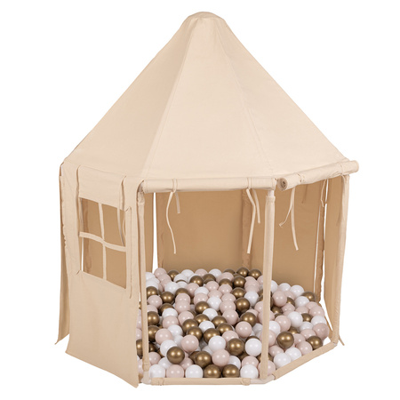 KiddyMoon Namiot dla dzieci NK-002 z piłeczkami 7cm Zabawka namiot dla dzieci, natural: pastelowy beż-biały-złoty
