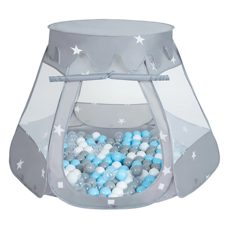 Namiot zamek NZ-100X z piłeczkami 6cm Zabawka namiot dla dzieci, szary: szary-biały-transparent-babyblue