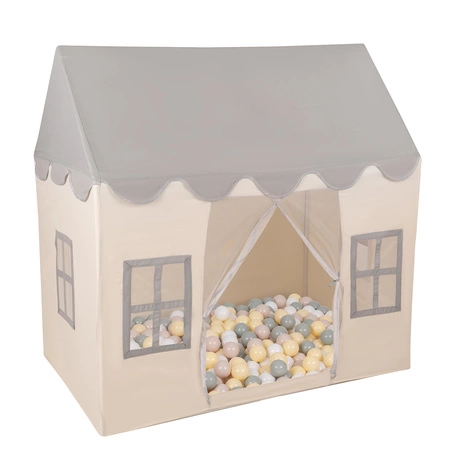 KiddyMoon Domek dla dzieci PH-002 z piłeczkami 7cm Zabawka namiot dla dzieci, white-grey: pastelowy beż-zielonoszary-pastelowy żółty-biały