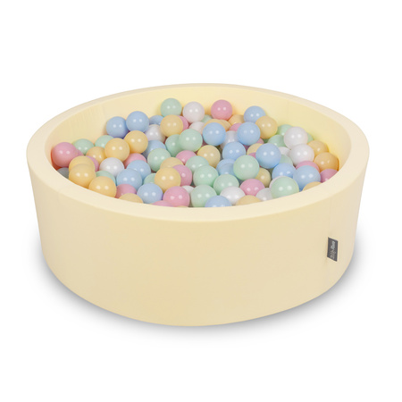 KiddyMoon Suchy basen okrągły z piłeczkami 7cm Zabawka basen piankowy, masełkowy: pastelowy niebieski-pastelowy żółty-biały-mięta-pudrowy róż