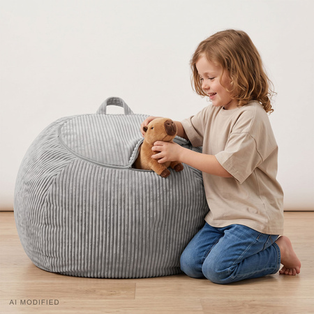 KiddyMoon KM-BAG-ES puf fotel worek na zabawki z zamkiem, jasnoszary