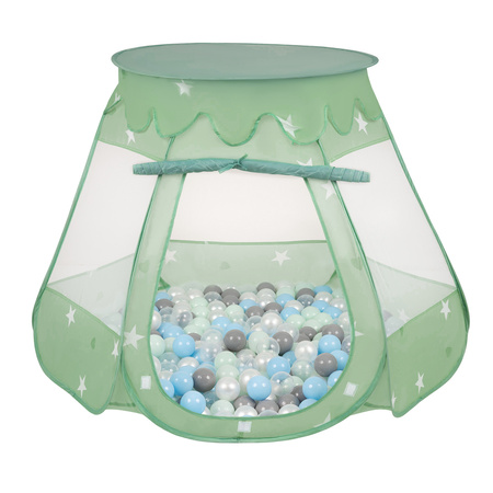 Namiot zamek NZ-100X z piłeczkami 6cm Zabawka namiot dla dzieci, miętowy: perła-szary-transparent-babyblue-mięta