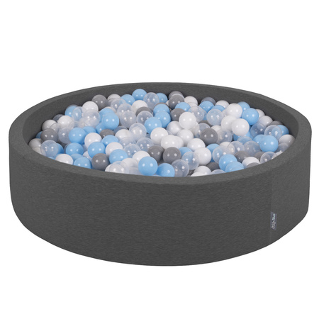 KiddyMoon Suchy basen okrągły z piłeczkami 7cm 120x30 Zabawka basen piankowy, ciemnoszary: szary-biały-transparent-babyblue