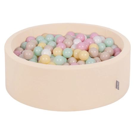 KiddyMoon Suchy basen okrągły z piłeczkami 7cm Zabawka basen piankowy, beżowy: pastelowy beż-pastelowy żółty-biały-mięta-pudrowy róż