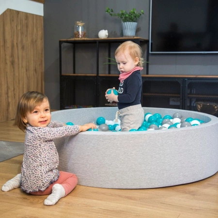 KiddyMoon Suchy basen okrągły z piłeczkami 7cm 120x30 Zabawka basen piankowy, jasnoszary: szary-biały-turkus