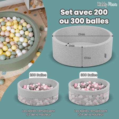 KiddyMoon Suchy basen okrągły z piłeczkami 7cm Zabawka basen piankowy, ciemnoszary: perła-niebieski-babyblue-transparent-srebrny