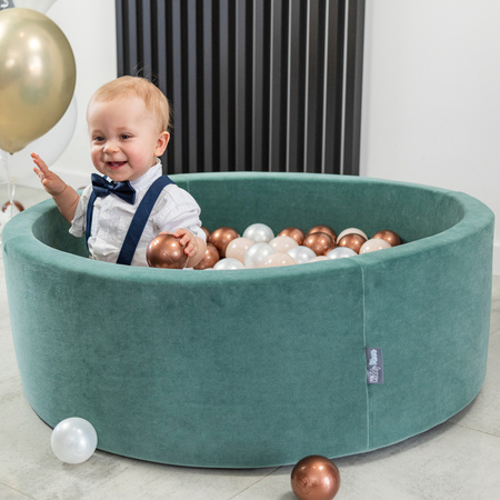 KiddyMoon Suchy basen okrągły VELVET z piłeczkami 7cm Zabawka basen piankowy, zieleń lasu: pastelowy beż-miedziany-perła