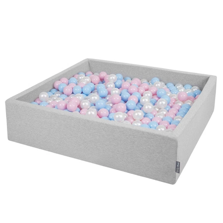 KiddyMoon Suchy basen kwadratowy z piłeczkami 7cm 120x30 Zabawka basen piankowy, jasnoszary: babyblue-pudrowy róż-perła