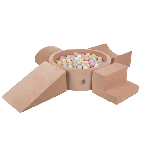 KiddyMoon Piankowy plac zabaw VELVET PPZP-OK30V-115 z piłeczkami Zabawka plac zabaw, róż pustyni: pastelowy beż-pastelowy żółty-biały-mięta-pudrowy róż