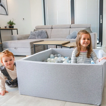 KiddyMoon Suchy basen kwadratowy z piłeczkami 7cm Zabawka basen piankowy, jasnoszary: perła-szary-transparent-babyblue-mięta