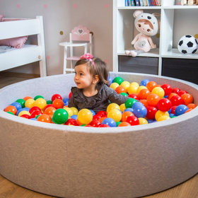 KiddyMoon Suchy basen okrągły z piłeczkami 7cm 120x30 Zabawka basen piankowy, ciemnoszary: żółty-zielony-niebieski-czerwony-pomarańcz
