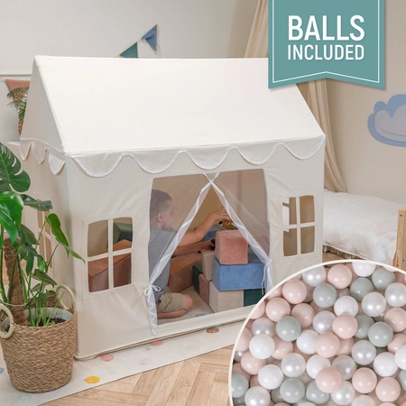 KiddyMoon Domek dla dzieci PH-001 z piłeczkami 7cm Zabawka namiot dla dzieci, natural: biały-perła-pastelowy beż-zielonoszary