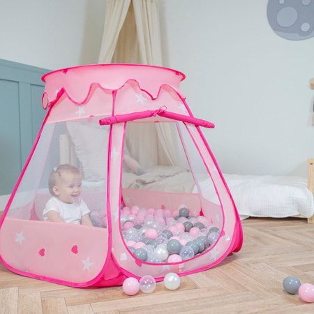 Namiot zamek NZ-100X z piłeczkami 6cm Zabawka namiot dla dzieci, różowy: perła-szary-transparent-pudrowy róż