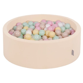 KiddyMoon Suchy basen okrągły z piłeczkami 7cm Zabawka basen piankowy, beżowy: pastelowy beż-pastelowy żółty-biały-mięta-pudrowy róż