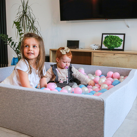 KiddyMoon Suchy basen kwadratowy z piłeczkami 7cm 120x30 Zabawka basen piankowy, jasnoszary: babyblue-pudrowy róż-perła