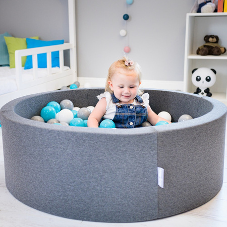 KiddyMoon Suchy basen kwadratowy z piłeczkami 7cm 120x30 Zabawka basen piankowy, ciemnoszary: szary-biały-turkus