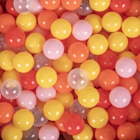 KiddyMoon Plastikowe piłeczki 6cm Zabawka zestaw kulek, transparent-żółty-pudrowy róż-pomarańcz-czerwony