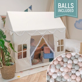 KiddyMoon Domek dla dzieci PH-001 z piłeczkami 7cm Zabawka namiot dla dzieci, natural: biały-perła-pastelowy beż-zielonoszary