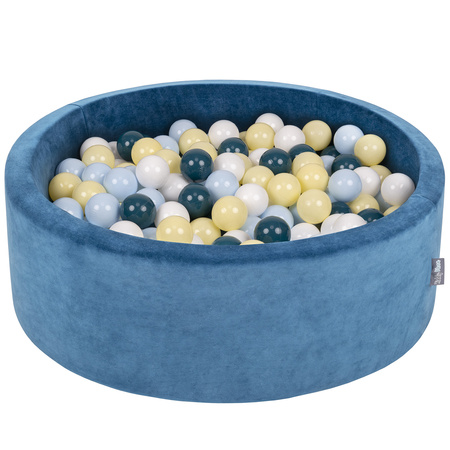 KiddyMoon Suchy basen okrągły VELVET z piłeczkami 7cm Zabawka basen piankowy, turkus laguny: ciemny turkus-pastelowy niebieski-pastelowy żółty-biały