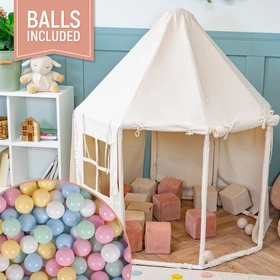 KiddyMoon Namiot dla dzieci NK-002 z piłeczkami 7cm Zabawka namiot dla dzieci, natural: pastelowy niebieski-pastelowy żółty-biały-mięta-pudrowy róż